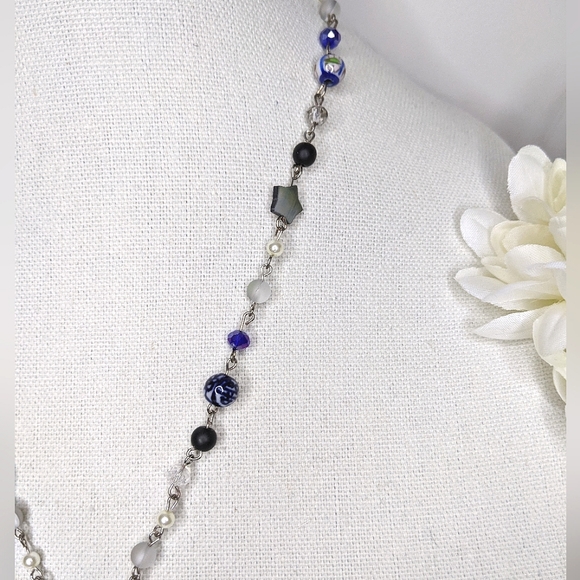 Long blue black and crystal beaded necklace. Handmade by me. - Picture 3 of 7